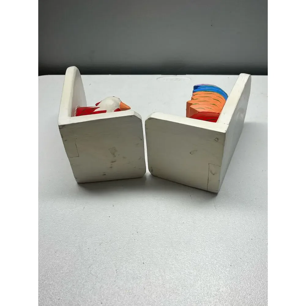 Chicken Bookends, Hand Carved Painted Wood - Bead and Tail